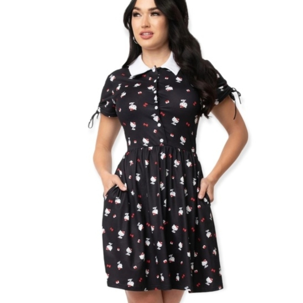 Hello Kitty x Unique Vintage Fit & Flare Collared Dress Navy Blue Size XL